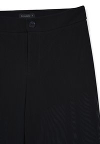 Schwarze, maßgeschneiderte Hosen aus strukturiertem Stoff, mit einem einzigen Knopfverschluss, Gürtelschlaufen und schlanker Passform.