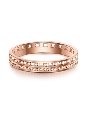 Anillo de oro rosa con detalles intrincados de perlas y patrones recortados. Textura lisa, forma redondeada y acabado pulido.