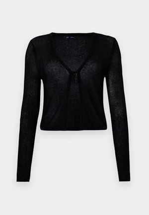 Cardigan negru, cu mânecă lungă, realizat dintr-o țesătură subțire, cu nervuri. Are un decolteu adânc în V și o închidere frontală cu un mic nod.