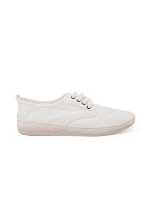 White canvas sneaker with a textured, lightweight design. Features a round toe, five eyelets for laces, and a natural rope-like accent on the sole.