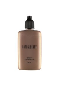 Krämfundament i en 50 ml oval flaska. Ljusbrun, ogenomskinlig plast med ett svart skruvkork. Har tryckt varumärke och produktnamn.