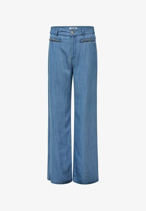 Jean large bleu clair avec fermeture éclair à l'avant, bouton, deux poches avant avec détails en chaîne et passants pour ceinture.