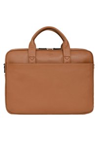 Bruine leren laptoptas met dubbele handvatten, een gladde textuur en een ritsluiting. Minimalistisch ontwerp zonder zichtbare logo's of versieringen.