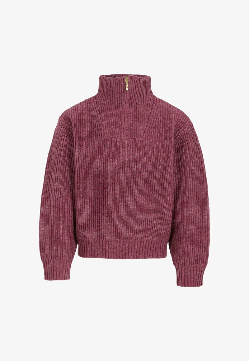 Sweter dzianinowy w kolorze bordowym, z wysokim kołnierzem na zamek, prążkowaną fakturą i pudełkowym kształtem.