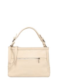 Beige leren handtas met een gestructureerd ontwerp, bovenhandvat, afneembare schouderband, voorste ritszak en een subtiele textuurafwerking.