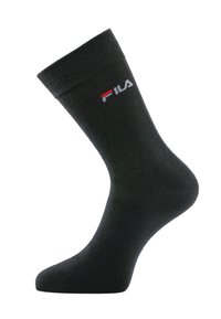 Chaussette noire en crew avec un poignet côtelé et un petit logo FILA en blanc et rouge près du haut.