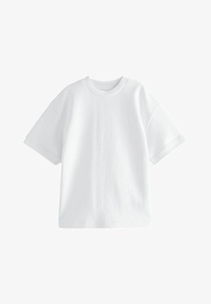 Hvid kortærmet T-shirt lavet af bomuld, med en rund halsudskæring og en afslappet pasform. Glat tekstur, ingen synlige mønstre eller accenter.