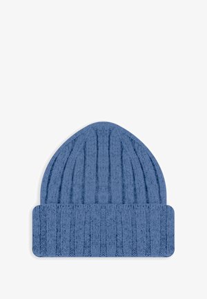 Berretto di lana blu a maglia con motivo a coste verticali e brim piegato, mostrato su uno sfondo bianco.