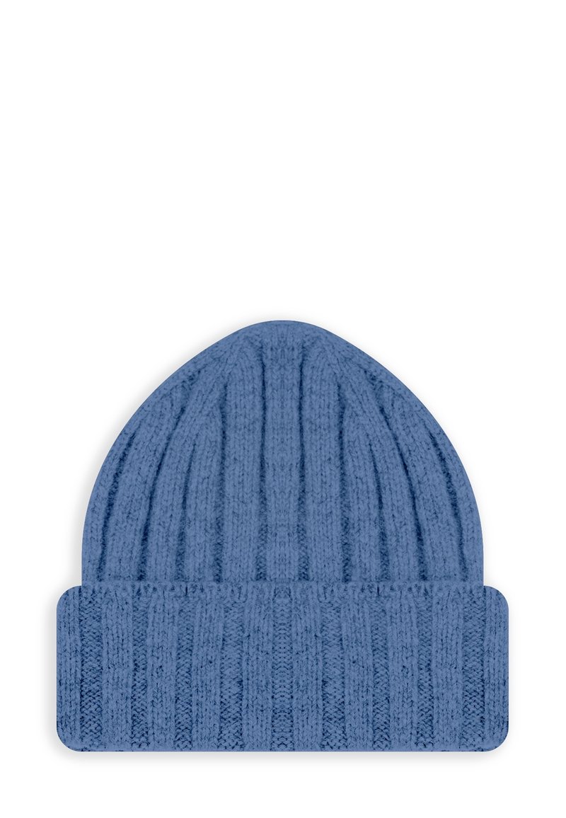 Berretto di lana blu a maglia con motivo a coste verticali e brim piegato, mostrato su uno sfondo bianco.