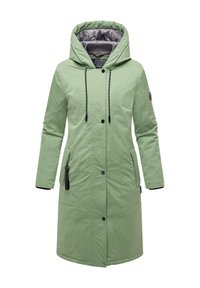 Green, knee-length parka with a quilted gray hood. Features zippered pockets, front buttons, and a drawstring for adjustable fit.