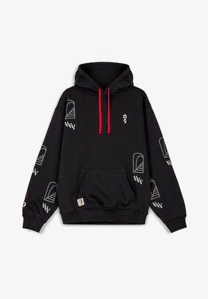 Felpa nera con cappuccio, tasca frontale, lacci rossi e stampe grafiche bianche di archi e scale. Tessuto morbido con polsini a coste.