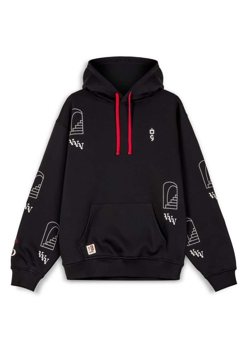 Schwarzer Hoodie mit einer Fronttasche, roten Kordeln und weißen grafischen Drucken von Bögen und Treppen. Weicher Stoff mit gerippten Bündchen.