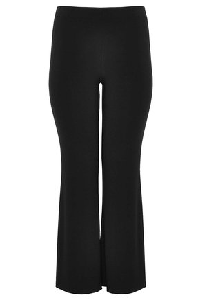 Black flared pants made from a stretchy fabric, featuring a smooth texture and a high waist design. No pockets or embellishments visible.