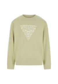 Lichtgroene sweatshirt met een ronde hals, lange mouwen en een decoratieve witte logo-opdruk die bloemachtige elementen op de voorkant bevat.