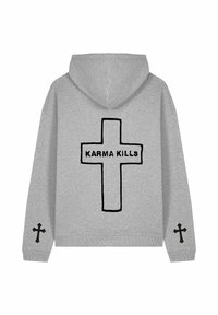 Felpa grigia con una grande croce nera sul retro e la scritta "KARMA KILLS". Presenta croci più piccole su ciascun manica. Tessuto morbido e texturizzato.