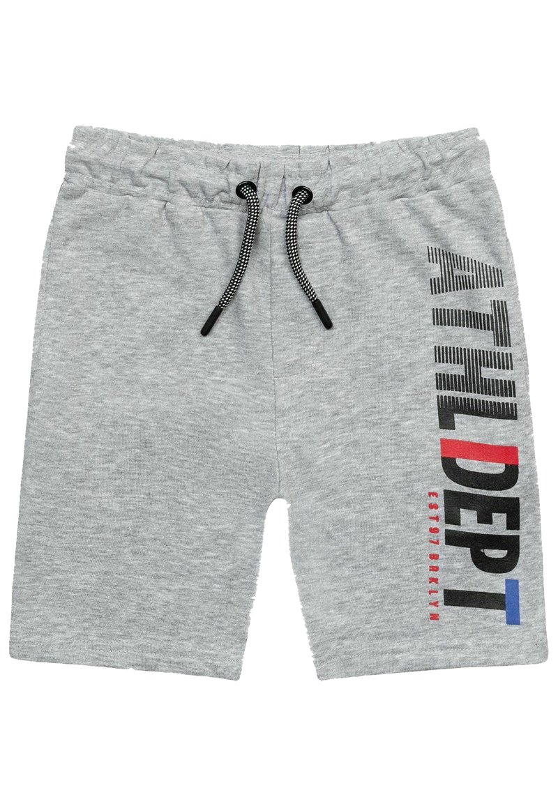 Shorts de sport gris en mélange de coton, dotés d'une taille élastique avec cordon de serrage et de graphiques imprimés en noir, rouge et bleu sur le côté.