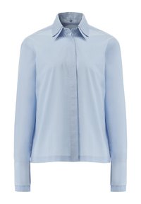 Camicia a maniche lunghe azzurro chiaro con bottoni nascosti, colletto a punta e dettagli testurizzati sulle punte del colletto e sui polsini.