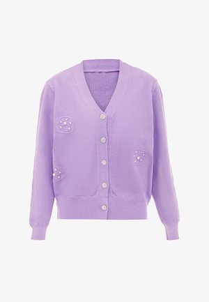 Fioletowy kardigan z dekoltem w serek, zapięciem na guziki, dzianinową fakturą, dekoracyjnymi perłowymi akcentami oraz dwoma kieszeniami z haftowanymi wzorami.