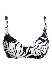 Black and white bikini top featuring a tropical leaf pattern, adjustable straps, and a v-shaped neckline. Made of smooth, stretch fabric.