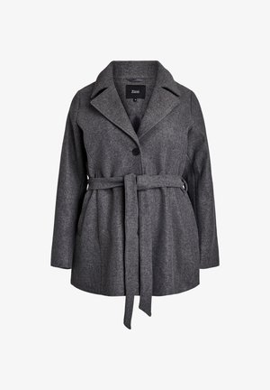 Grau melierter Wollmantel mit Reverskragen, Einzelknopfverschluss und einem Stoffgürtel. Verfügt über Seitentaschen und eine entspannte Passform.