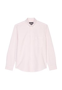 Chemise à manches longues à rayures rose pâle et blanches avec col classique et une poche poitrine unique. Matière en coton, texture douce.
