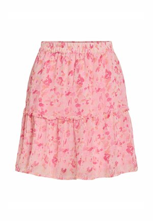 Roze minirok met gerimpelde zoom en abstract bloemenpatroon, voorzien van een elastische tailleband voor een comfortabele pasvorm.