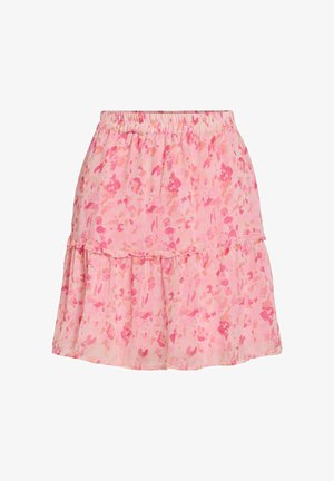 Roze minirok met gerimpelde zoom en abstract bloemenpatroon, voorzien van een elastische tailleband voor een comfortabele pasvorm.
