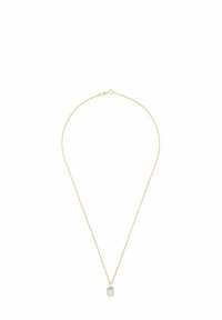 Guldhalsband med en delikat vriden design, som har en enda pärlemorskimrande pärla som hänge och två små silverdetaljer högst upp.