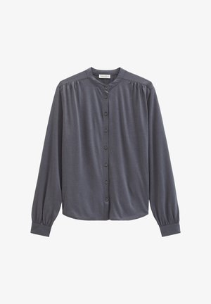 Dunkelgraue Langarmbluse mit Stehkragen, durchgehender Knopfleiste, gerafften Schultern und geknöpften Manschetten.