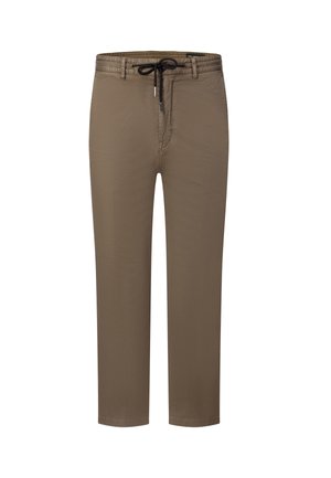 Pantaloni marroni a gamba dritta con coulisse nera in vita e passanti per cintura, mostrati su sfondo bianco.