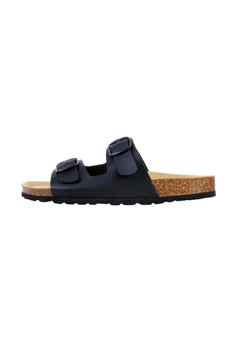 Zwarte slipper met twee verstelbare banden, kurken voetbed en gemarmerde rubberen zool. Glad afwerking met een eenvoudig, gestroomlijnd ontwerp.