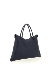 Borsa a tracolla in nylon blu marina con due manici, chiusura a zip e cuciture a contrasto. Presenta una forma morbida e triangolare e dettagli in metallo.