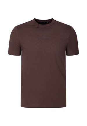T-shirt marrone a maniche corte con collo rotondo, con motivo goffrato sottile e testo "Karl Lagerfeld" sul petto.