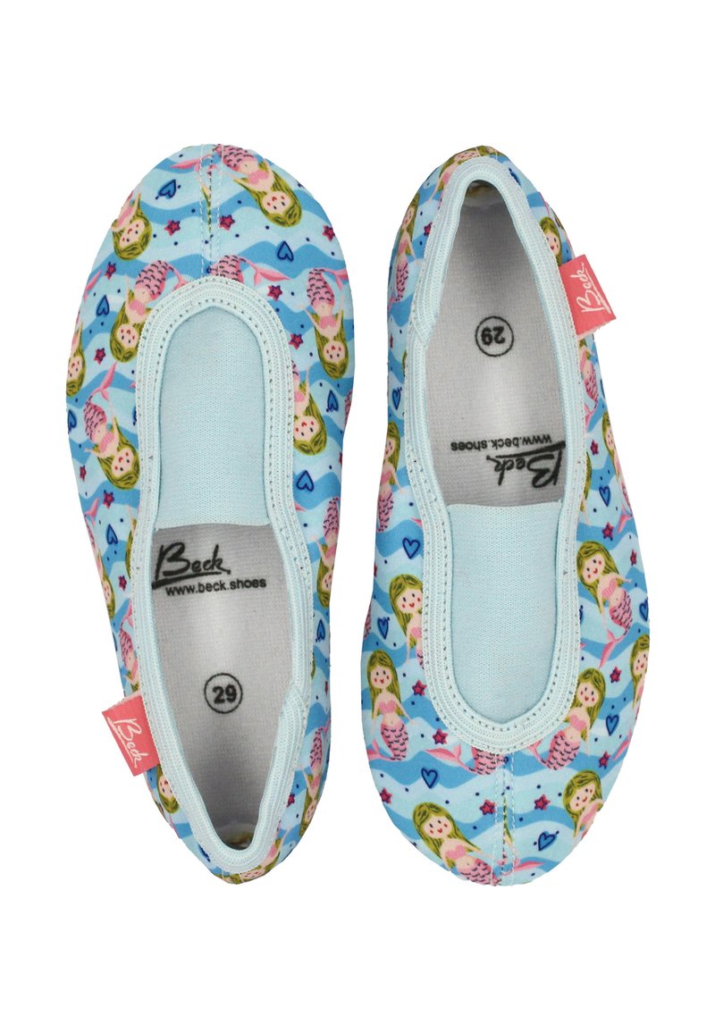 Kinder leichte blaue Slipper mit rosa Meerjungfrau- und Herzmustern, Größe 29, Marke Beck.