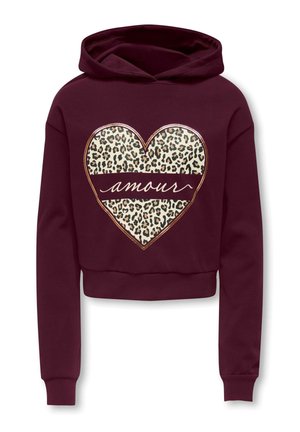 Sweat à capuche cropped bordeaux avec manches longues, motif cœur imprimé léopard et le mot « amour » en cursive sur le cœur.