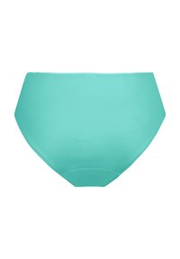 Turkooise hoge taille bikini onderkant, gladde textuur, elastische tailleband, nette stiksels en geen zichtbare patronen of accenten.