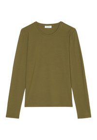 Olivgrön långärmad t-shirt i mjuk bomull. Rund halsringning, avslappnad passform, med sydda axeldetaljer och rak nederkant.