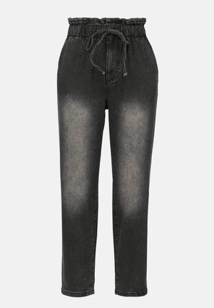 Svarte høytaljede denimbukser med elastisk midjebånd, snøring, smale ben og falmet detaljer på lårene.