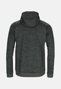 Gray hooded sweatshirt, featuring a textured fabric pattern, ribbed cuffs, and hem. Back view shows a fitted design with a high collar.