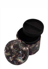 Round storage box with a floral pattern in black, featuring a removable lid and a divided interior, made from soft material.