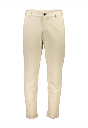 Pantalones ligeros color beige con un corte slim, frente plano, cierre de botón y puños enrollados. Fabricados con una tela suave y cuentan con bolsillos laterales.