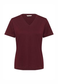 Maroon V-neck T-shirt made of soft fabric, short sleeves, with a relaxed fit and clean stitching along the hem and collar.
