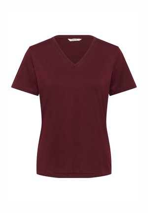 T-shirt V en maroon en tissu doux, à manches courtes, avec une coupe décontractée et des coutures propres le long de l'ourlet et du col.