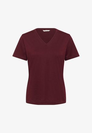 Burgundowa koszulka z dekoltem w serek, wykonana z miękkiego materiału, z krótkimi rękawami, o luźnym kroju i starannie wykończonym dołem oraz kołnierzykiem.
