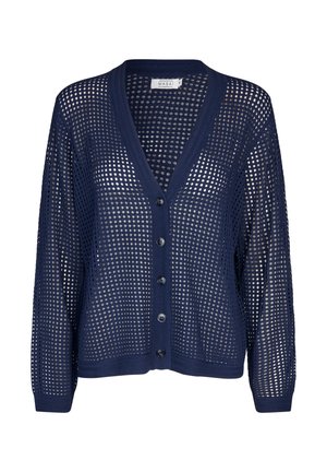 Granatowy kardigan o otwartym splocie z dekoltem w serek, zapinany na sześć guzików, z długimi rękawami i teksturowanym wzorem.