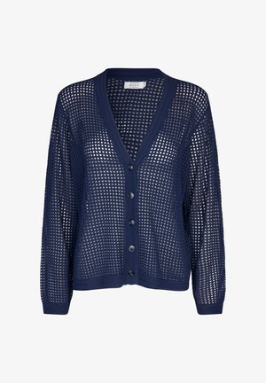 Granatowy kardigan o otwartym splocie z dekoltem w serek, zapinany na sześć guzików, z długimi rękawami i teksturowanym wzorem.