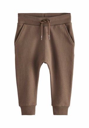 Braune Sweatpants mit Kordelzugbund, gerippten Bündchen und Seitentaschen. Glatte Stofftextur mit einem schlichten Design.