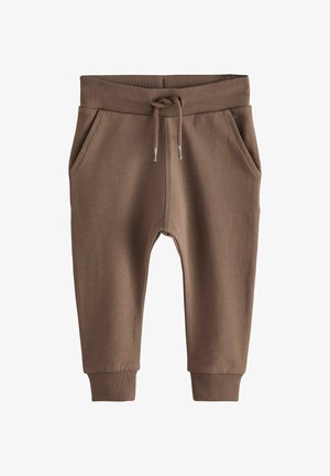 Braune Sweatpants mit Kordelzugbund, gerippten Bündchen und Seitentaschen. Glatte Stofftextur mit einem schlichten Design.