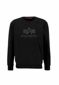 Felpa nera in misto cotone, con collo rotondo e polsini a costine. Sul davanti è presente un logo grigio con strisce e testo.