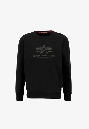 Čierna mikina vyrobená z bavlneného zmesi, s okrúhlym výstrihom a rebrovanými manžetami. Na prednej strane je šedá logo so širokými prúžkami a textom.